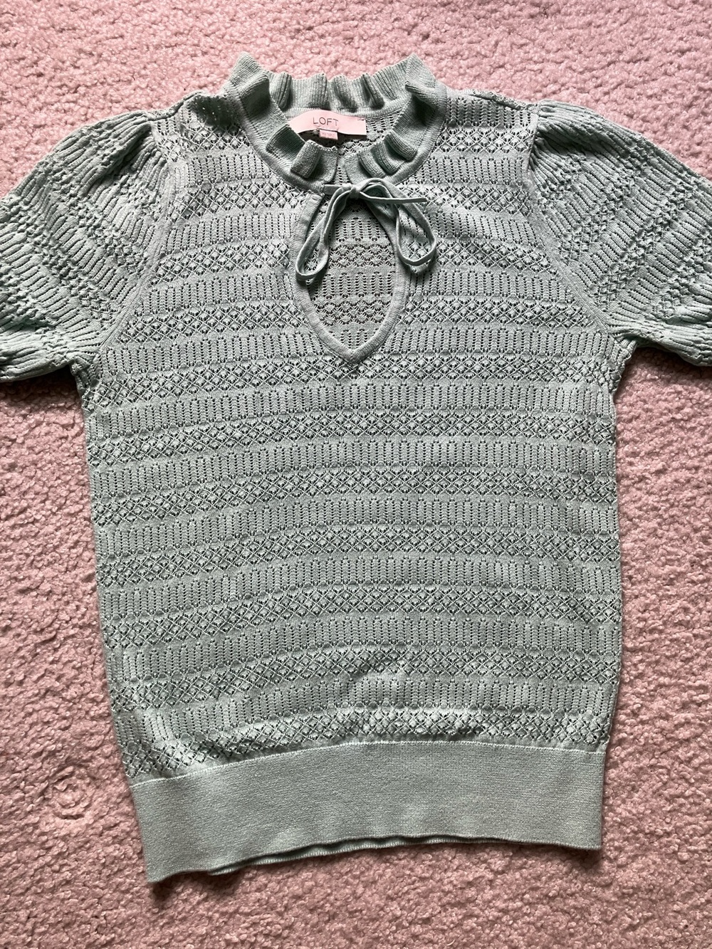 LOFT Mint Green 100% cotton Tie-Neck Short Sleeve Sweater